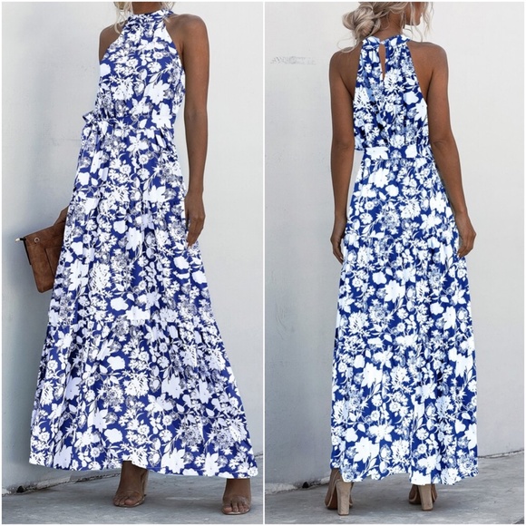 Boho Pastel Green Floral Print Halter Maxi Dress Ruffle - Picture 10 of 13